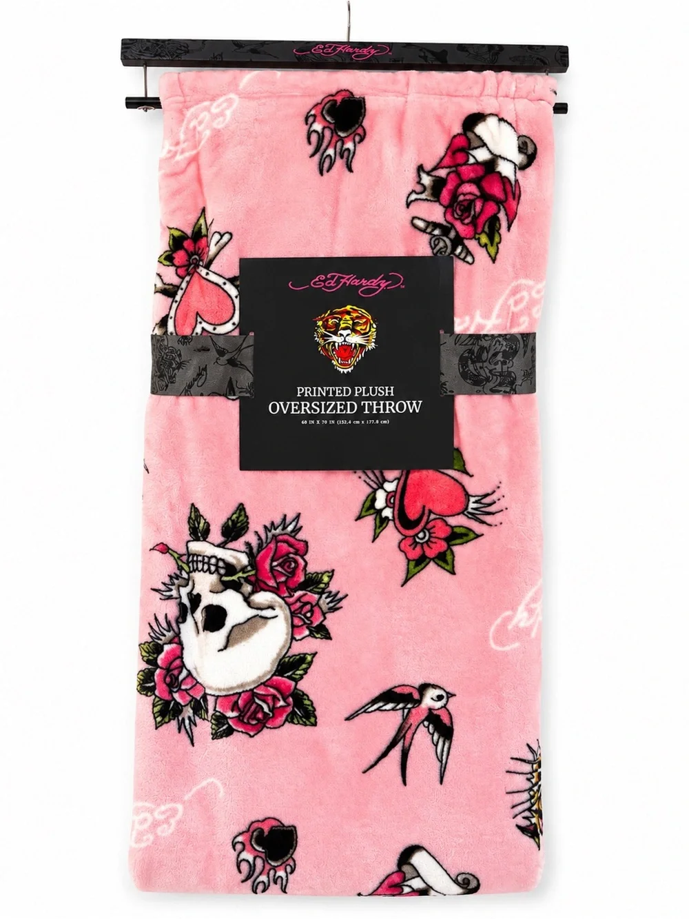 Ed Hardy Pink Oversized Plush Throw Blanket Skull Rose Tattoo Print 60x70 NWT